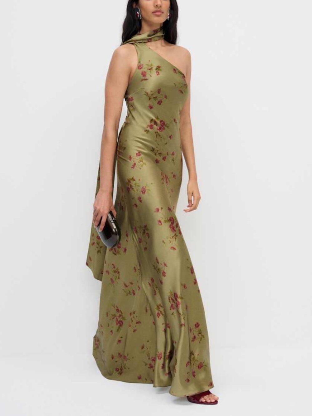 Reformation Jazzlyn Silk One Shoulder Maxi Dress Scarf Green Floral Demi Size 6